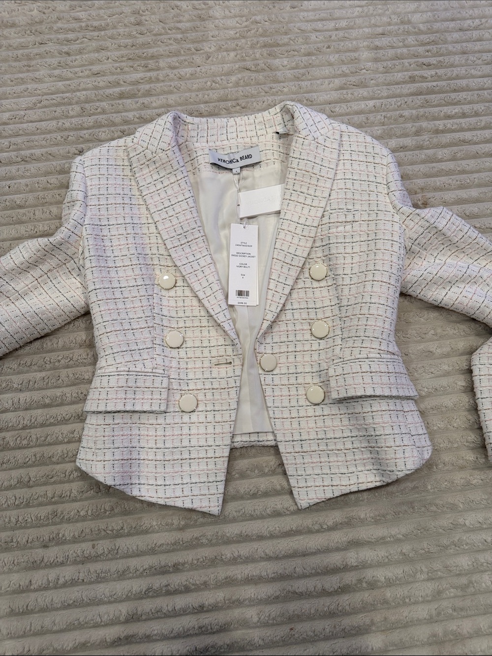 Veronica Beard Ivory Tweed Double-Breasted Blazer with Subtle Multicolor Thread - Picture 2 of 5